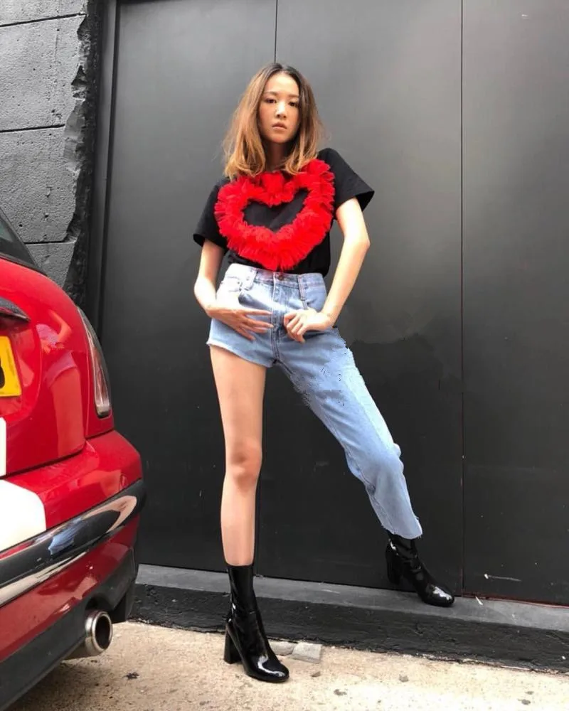 WHITNEY WANG футболка весна лето Модная уличная одежда сладкое сердце сетка оборки Футболка женская футболка Топы Футболка femme