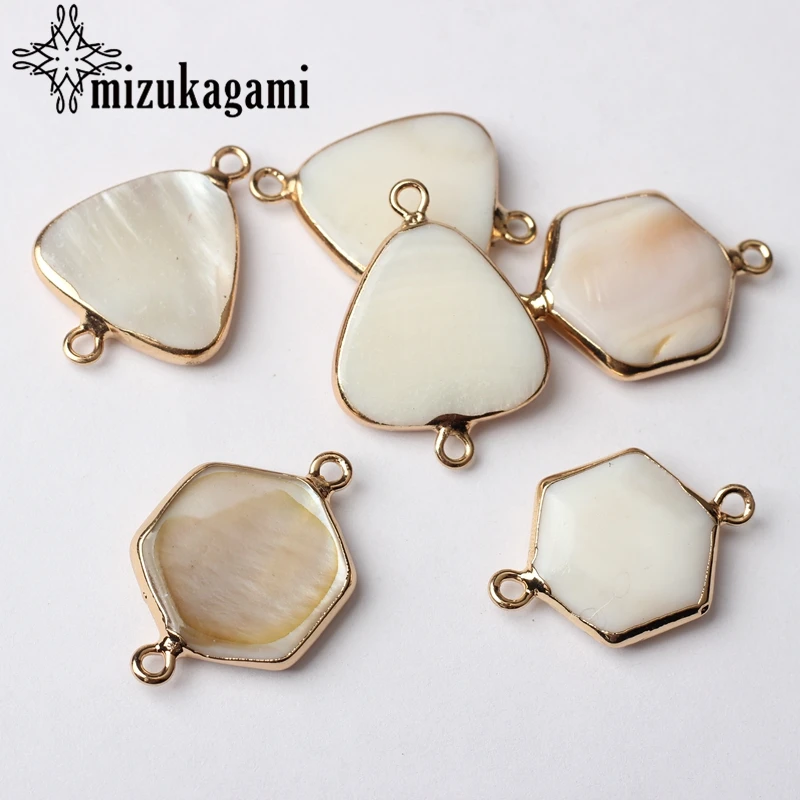 

1pcs Natural Shell Charms Golden Copper Bound Double Hole Pendant Geometric Shape Natural Charms For DIY Jewelry Accessories
