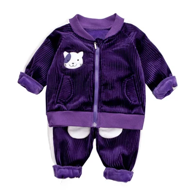 Детская одежда комплект для девочек с милым котом, зимний костюм для девочек Розовое фиолетовое бархатное платье спортивный костюм для малышей Мягкий комплект одежды для маленьких мальчиков и девочек - Цвет: Purple