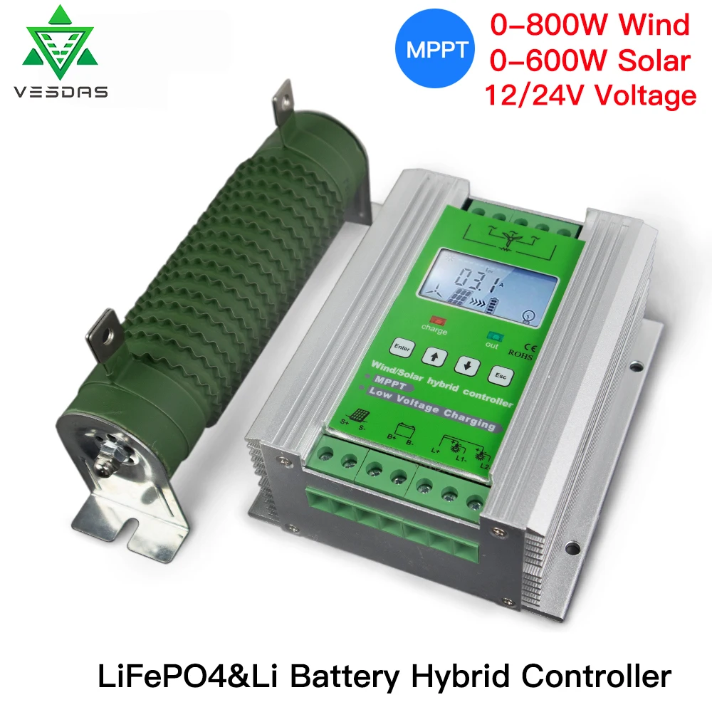 - 1400W LifePo4 Li Battery MPPT Hybrid Wind Solar Charge Booster Controller With dump load For 12V 24V Battery