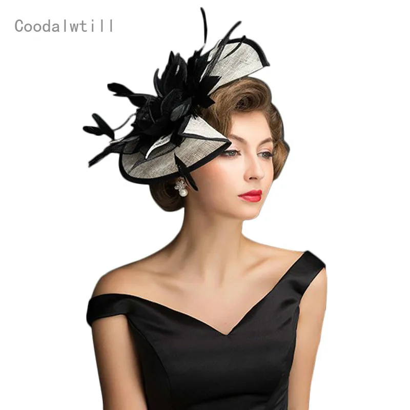 

Ladies Church Royal Fascinators Wedding Race Sinamay Cocktail Fascinator Female Linen Feather Chapeau Hat Party Fedora Cap KNF17