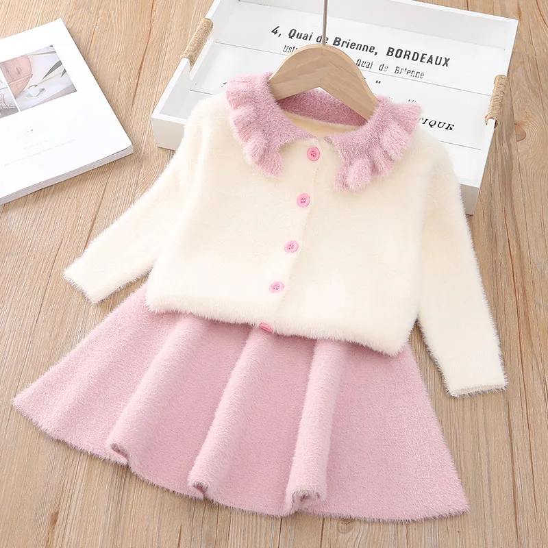 Pink ax1245 Bear leader/платье для девочек г. Зимнее платье с геометрическим узором одежда с длинными рукавами для девочек топ, пальто+ платье-пачка, свитер вязаная одежда, 2 шт - Цвет: Pink ax1245