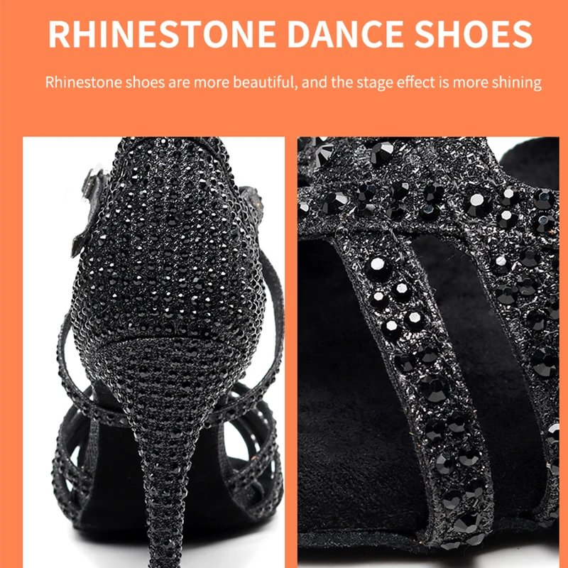 Women  rhinestone Latin Dance Shoes Black High Heel Ballroom Latino Dancing Shoes For girls Salsa Dancing Shoes For Party