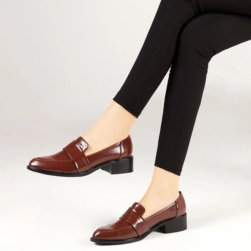 Chunky heels japanned leather shoes woman pointed toe large sizes 35-42 flats slip on casual comfy loafers solid brief moccasins 2