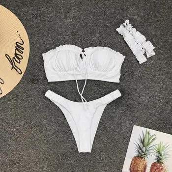 

Women Bikini Two piece solid color sexy Shirred Lace-up Bathing Suit