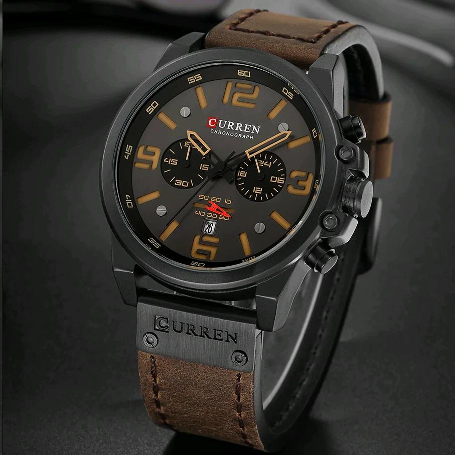 CURREN-reloj analógico con correa de cuero para hombre, accesorio de pulsera de cuarzo resistente al agua con calendario, complemento masculino deportivo de marca de lujo con diseño militar y estilo informal, 8314 - Imagen 2