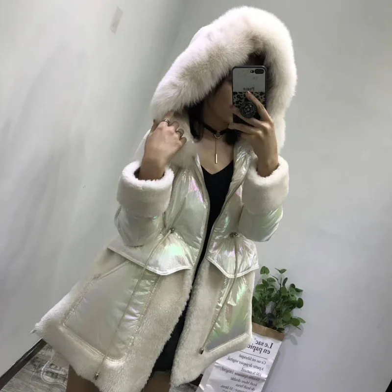 ZDFURS* белая куртка-пуховик с капюшоном с натуральным лисьим мехом Лоскутная овечья шуба длинная юбка стиль