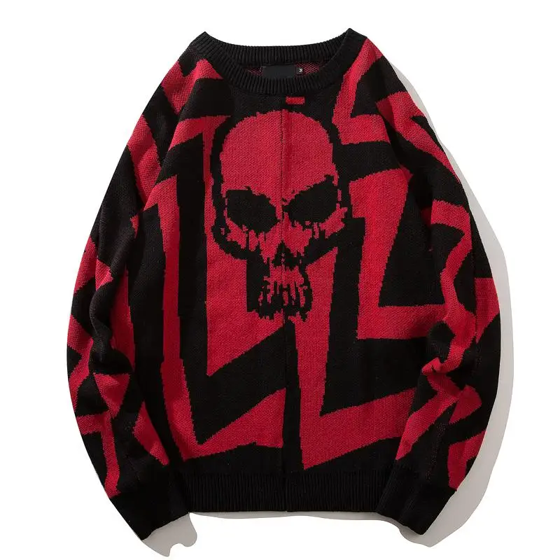 

2019 New Round Neck Loose Style Skull Sweater Men Winter High Street Oversized Men's Sweater Red White