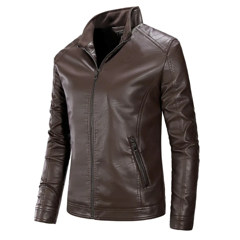 

2019 Autumn & Winter New Style Men PU Leather Solid Color Stand Collar Jacket Men'S Wear Slim Fit Coat Locomotive Leather Coat