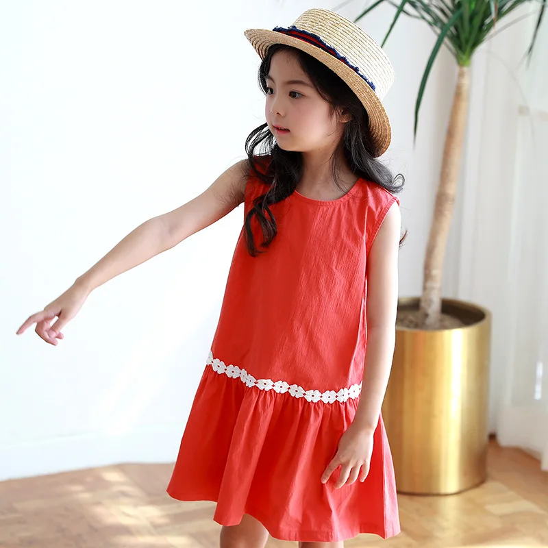 

South Korea New Products Summer Wear Childrenswear Solid Color Korean-style Girls Dress Big Boy Sleeveless Children Shirt 1368