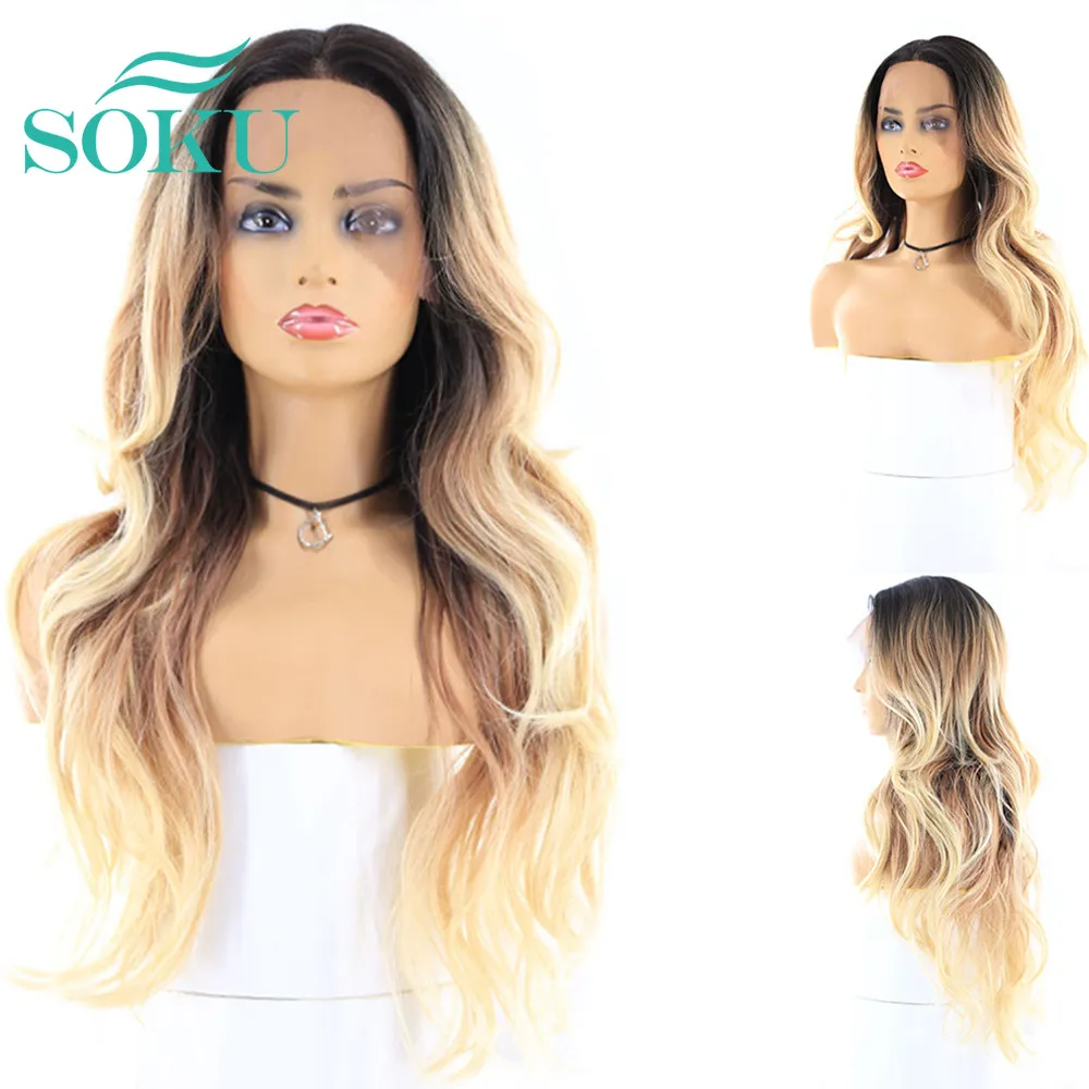 

Omber Color Synthetic Lace Front Wigs With Baby Hair SOKU Long Wavy Free Part Glueless High Temperature Wigs For Black Women