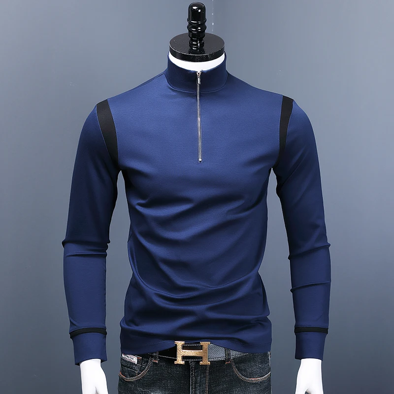 

Autumn New Men's Royal Blue Zip Stand Collar T-Shirt Fashion Patchwork Cotton Slim Fit Tshirt