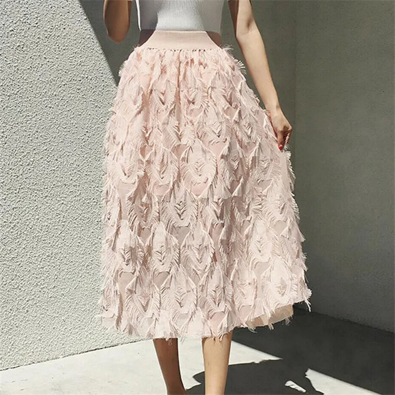 Новинка; женские длинные юбки; модная юбка-пачка с перьями и кисточками; Свободные повседневные Макси-юбки; Женские однотонные Макси-юбки принцессы для девочек
