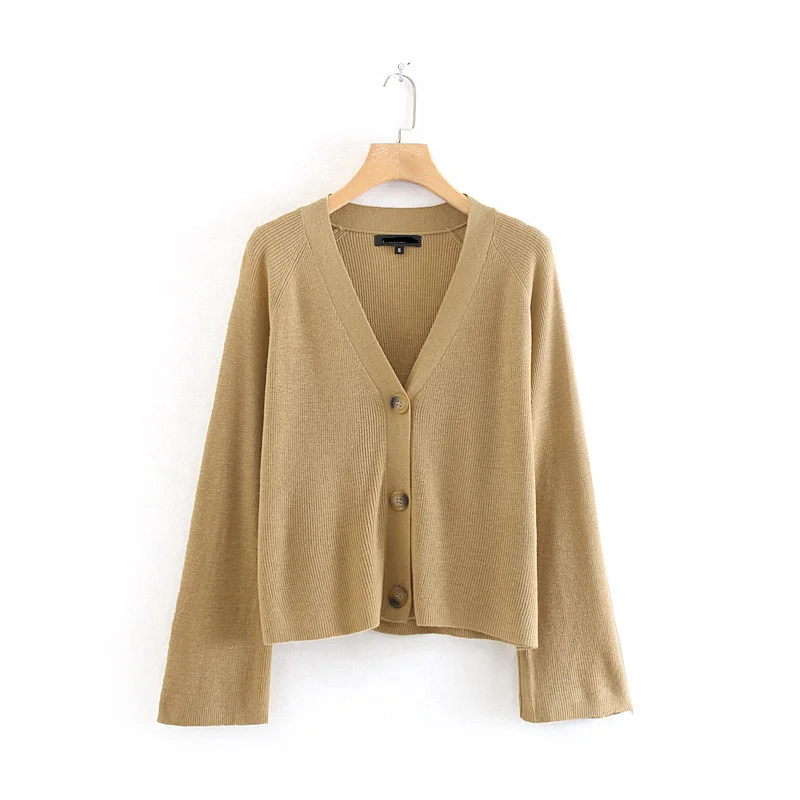 Casual Streetwear Jumper Chic Button Fashion Women Khaki Cardigans Stylish Sweater Coat Ladies V-Neck Knitwear |
