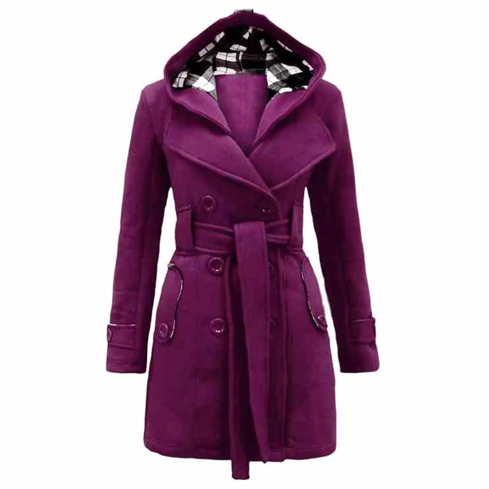 Женское пальто, женское теплое модное сексуальное зимнее пальто с капюшоном, длинное пальто с поясом, двубортная куртка для женщин, зима