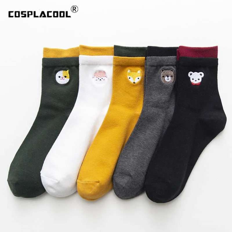 [Cospacool] вышивка животных хлопок Смешные носки Харадзюку креативные милые носки для женщин в студенческом стиле Divertidos Sokken Mujer