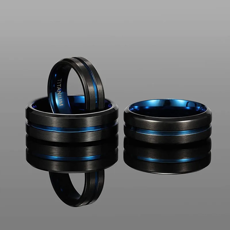 Titanium Ring 6 mm 8 mm 10 Blue Center Groove Wedding Ring Unisex