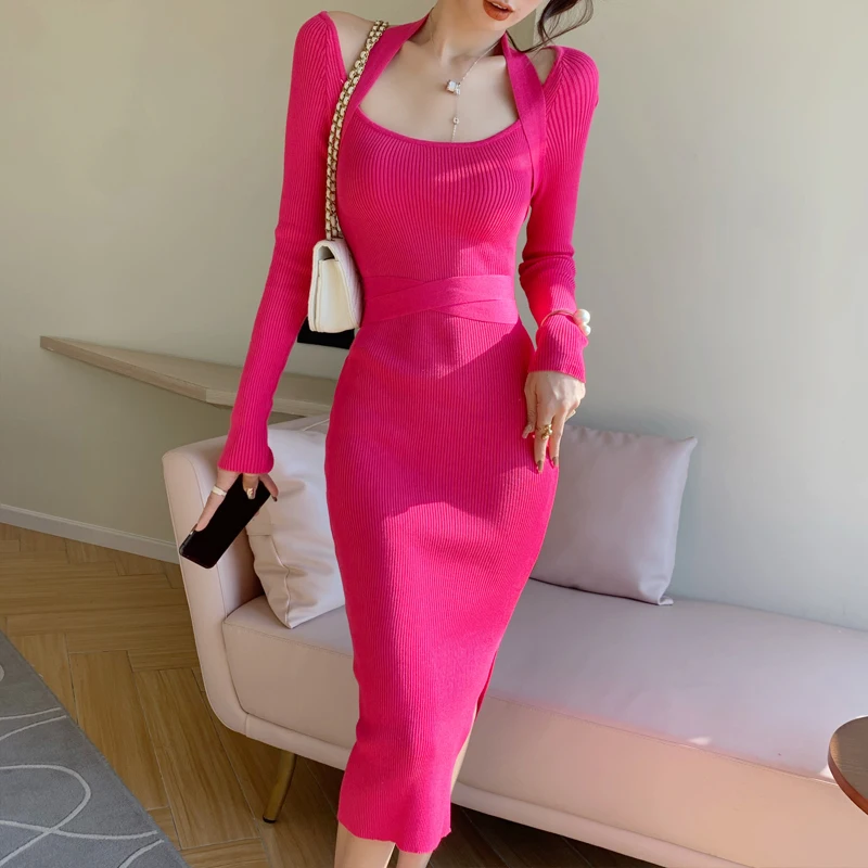 Halter Square Collar Sweater Dresses Women Slim Pullover Knitted Full Sleeve Sheath Split Dress Ladies | Женская одежда