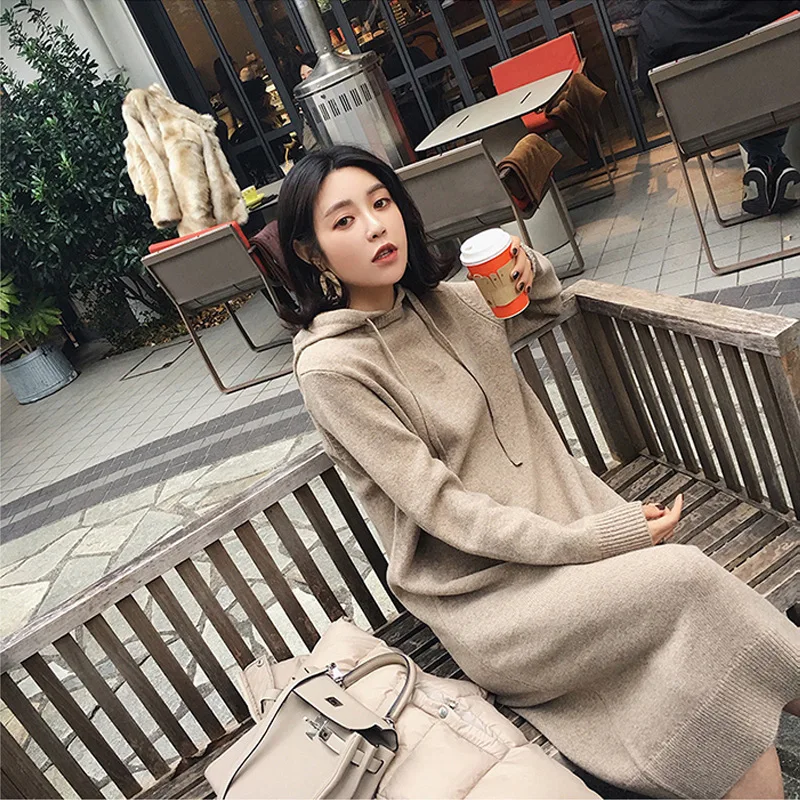 

Loose Long Sleeve Winter Dress Hooded Collar Sweater Dress Woman 2020 Vestidos Fashion Casual Thick Knit Dress Large size