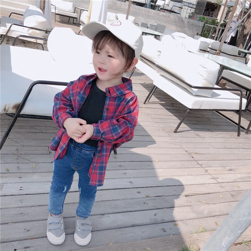 Autumn New Style Korean-style Childrenswear Men And Women Child Baby Plaid Casual Shirt Versatile Shirt