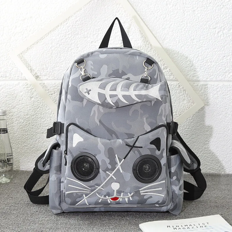 

Black Speaker Rucksack Backpack School Bag Waterproof with Bluetooth Audio Gothic Cat Camouflage Large Capacity Unisex