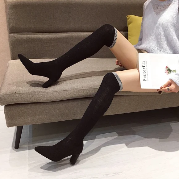 NIUFUNI/ г. Осенние вязаные носки выше колена женские пикантные высокие сапоги до бедра с острым носком женские эластичные узкие сапоги - Цвет: Black