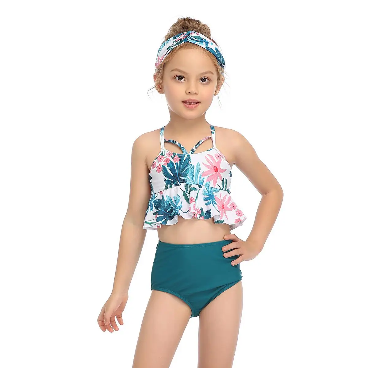 Детский купальный костюм из двух предметов для маленьких девочек, летний детский купальный костюм с оборками для водных видов спорта, бикини, одежда для плавания, пляжная одежда, купальные костюмы - Цвет: RL201901 Green