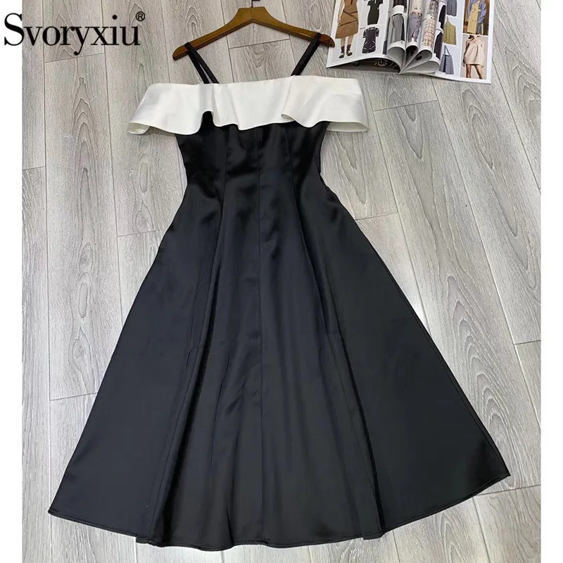 

Svoryxiu Designer Summer Party Ruffle Spaghetti Strap Dresses Women's Fashion Color Matching One Word Collar Dress