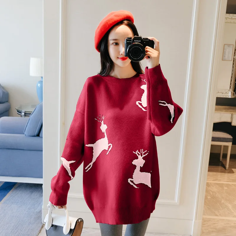 Christmas Maternity Sweater Long Sleeve Plus Size Pregnant Women Casual Knitted Maternity Soft Sweater M206 - Цвет: Красный