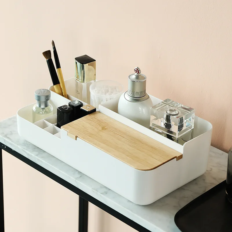 

Multifunctional Jewelry Lipstick Cosmetic Organizer Storage Box Desktop Makeup Organizer Storage Plastic Box with Wooden Cover