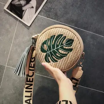 

2020 Fashion Pineapple embroidery small round crossbody bags for women wide strap beach straw bag lady summer woven shoulder bag