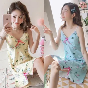 

Womens Nightgown Sleepwear Summer Nightwear Sexy Lingerie Silk Nightdress Female Sleepshirts Print Nighties Girl Night Gown Home
