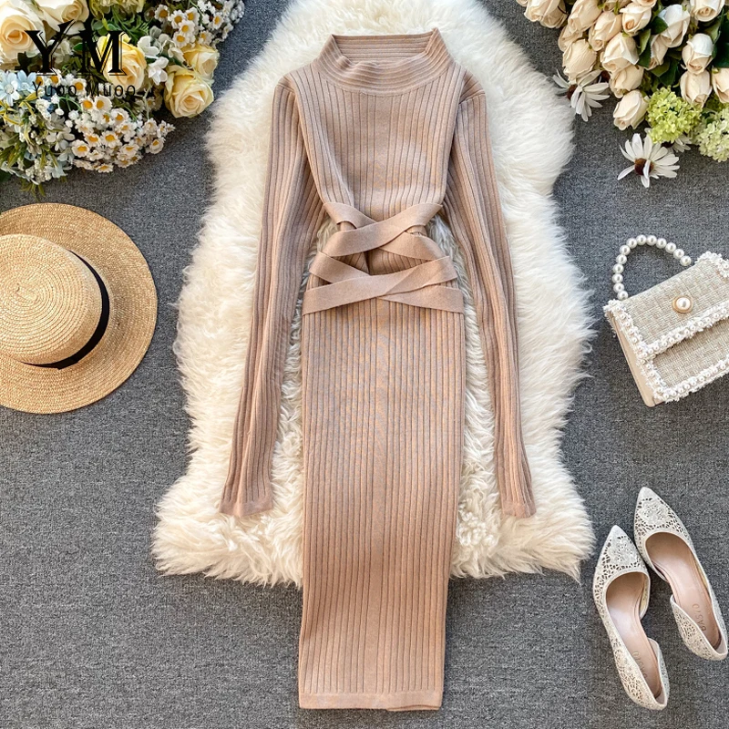 Женское трикотажное платье свитер YuooMuoo облегающее водолазка средней длины для