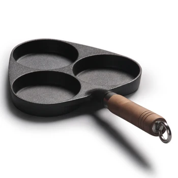 

3 Holes Egg Dumplings DIY Omelette Pot Frying Pan Kitchen Cast Iron Thickened Mold Pancake Non Stick Breakfast Wooden Handle