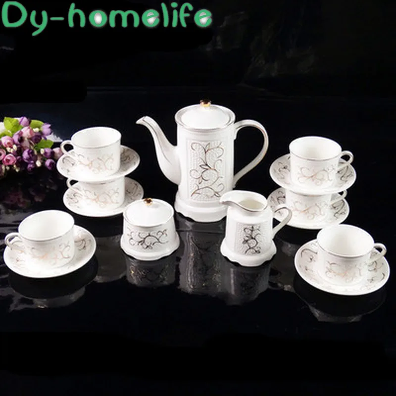 

15-piece European-style Embossed Hand-painted Gold Line Ceramic Coffee Tea Set Restaurant Household Bone China Coffee Set