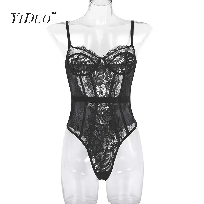 YiDuo Green Black Hollow Out Spaghetti Strap Floral Crochet Sexy Bodysuits See Through Mesh Lace Bodysuit Women Bodycon Jumpsuit