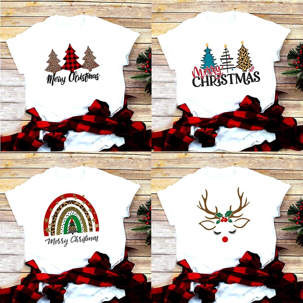 

Merry Christmas Graphic Tee Woman Tshirts Fashion Matching Look Harajuku Tops Rainbow Deer Shape Cute Printed Xmas Best Gift