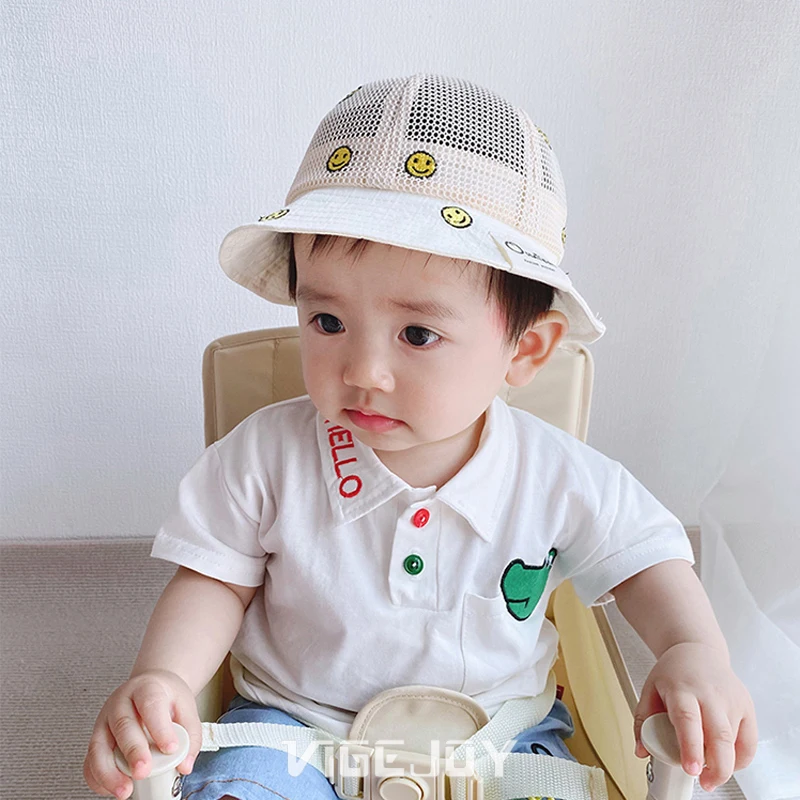 Lovely Cartoon Smile Pattern Breathable Mesh Baby Caps Summer Sun Hats For Kids Boys Girls Bucket Hats baby accessories coloring pages	