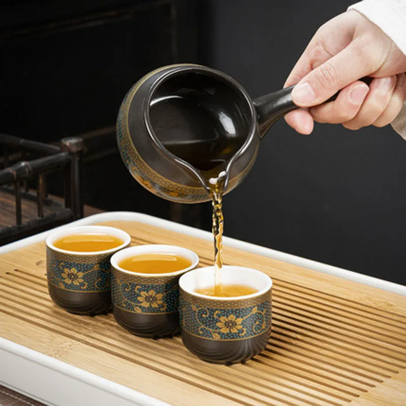 Chinese Ceramic Kungfu Tea Set,Semi-Automatic Stone Mill Teapot with Strainer,Wisteria Gilding, Tea Ceremony Supplies, Cup Was