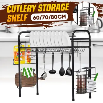 

60cm/70cm/80CM Sink Dish Drainer Drying Rack Shelf Stainless Steel Kitchen Cutlery Holder 1-tier Kitchen Storage Organizationer