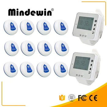 

Mindewin Wireless Table Bell Restaurant Call Pager System 2PCS Wrist Watch Pager M-W-1 and 12PCS Table Call Button M-K-1
