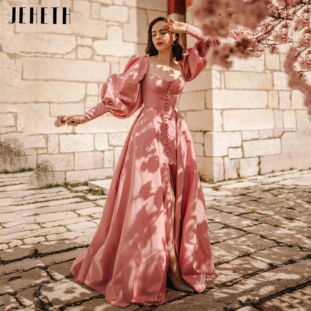 JEHETH Pink Elegant Long Puff Sleeves Square Neck Satin Prom Dresses Split Lace-up Backless Princess Party Gowns Floor Length beautiful prom dresses