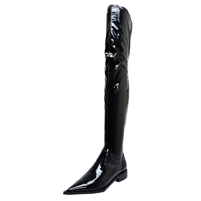FEDONAS/модные женские сапоги выше колена из натуральной коровьей лакированной кожи; обувь для ночного клуба; женские мотоботы; сезон осень-зима года - Цвет: Черный