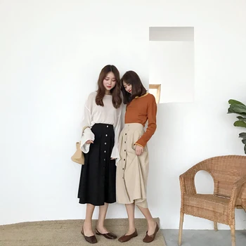 

Skirts Women 2019 Autumn Section Korean Version of The Buckle Elastic Waist Solid Color High Waist Long Section A Word Skirt