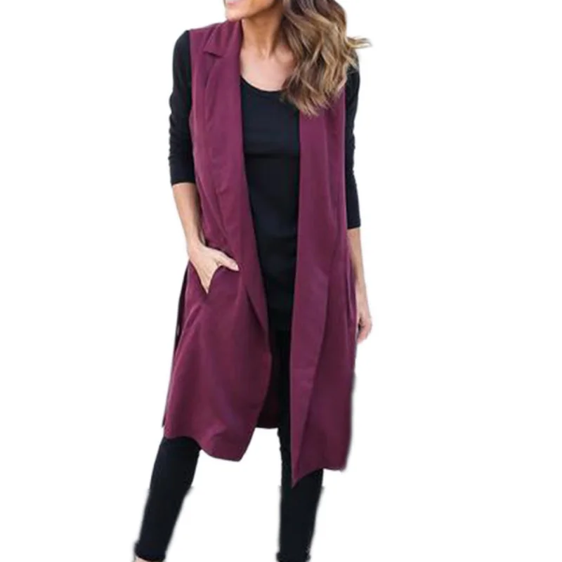 

2019 Autumn Outwear Long Pockets Turn-down Collar Open Stitch Sleeveless Blazer Vest Jackets