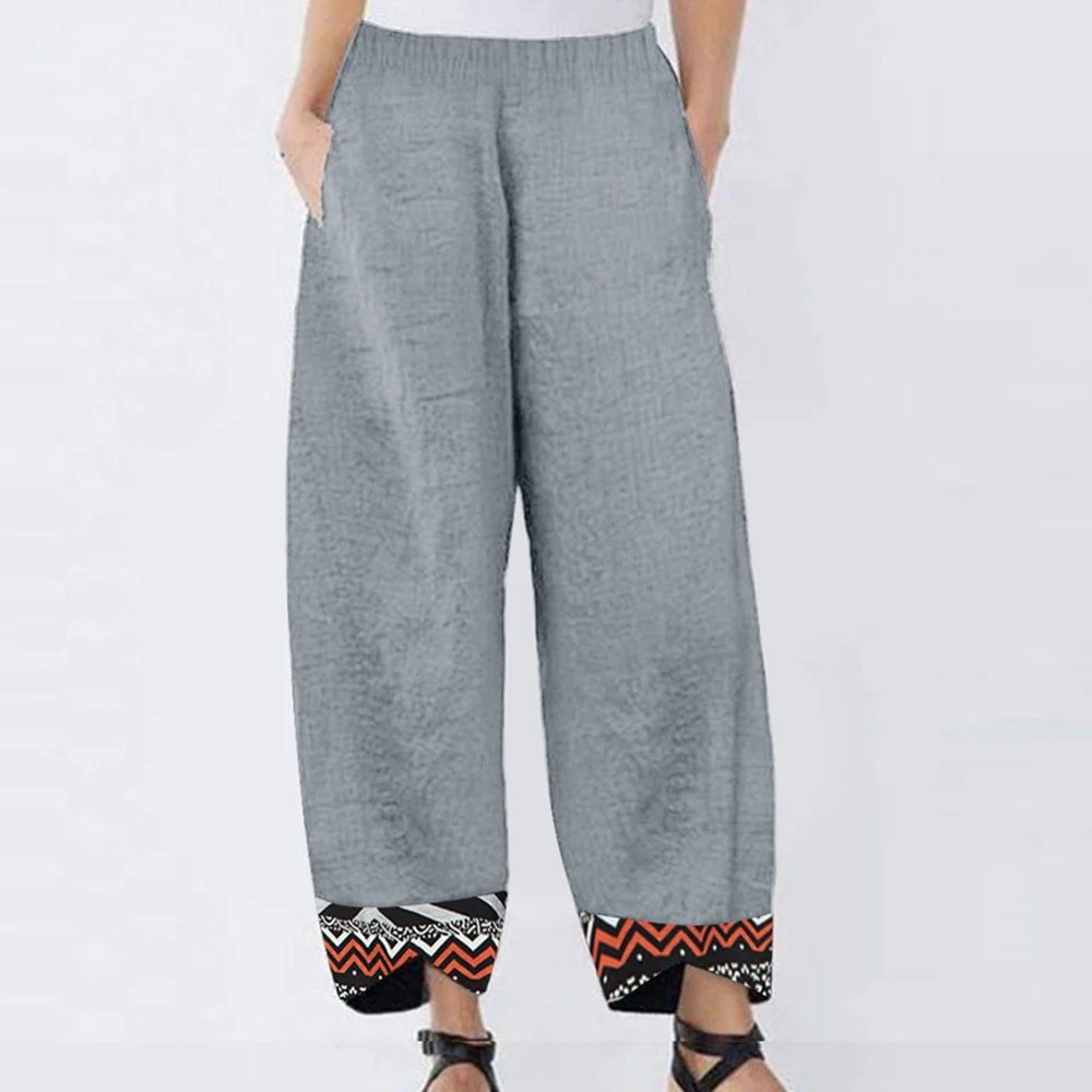 

Muyogrt Women Cotton Linen Vintage Pants Summer Elastic Waist Irregular Trousers Pantalon Casual Dandelion Print Cropped Pants