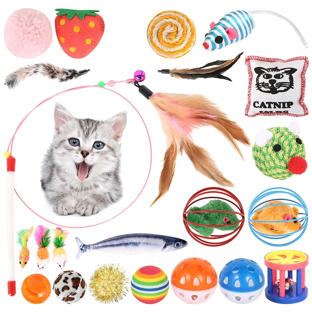 

22 pcs/set Cat Toys Lovely Ball Mouse Plush Toys for Cats Metal Wire Spring Feather Color Cat Toy With Bell Pet Interactive Toys