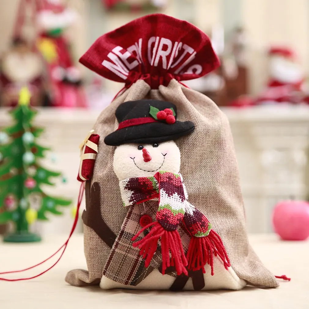 3 Style Christmas Drawstring Bags Santa Snowman Elk Sack Gift Bags