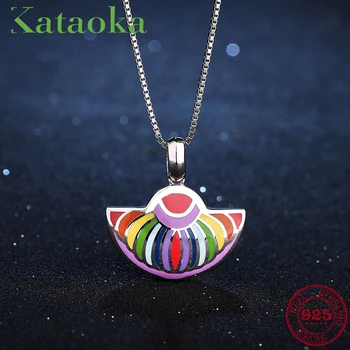 

Beautiful mood Necklace Fan shape Rainbow 2018 Fashion Jewelry For Women 925 Sterling Silver charms Party Colorful Enamel