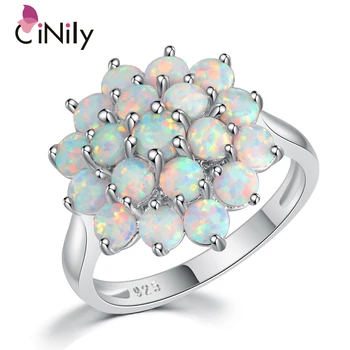 

CiNily Luxe White Round Fire Opal Stone Rings Silver Plated Flower Bloom Plant Big Ring Wedding Party Jewelry Gifts Women Girls
